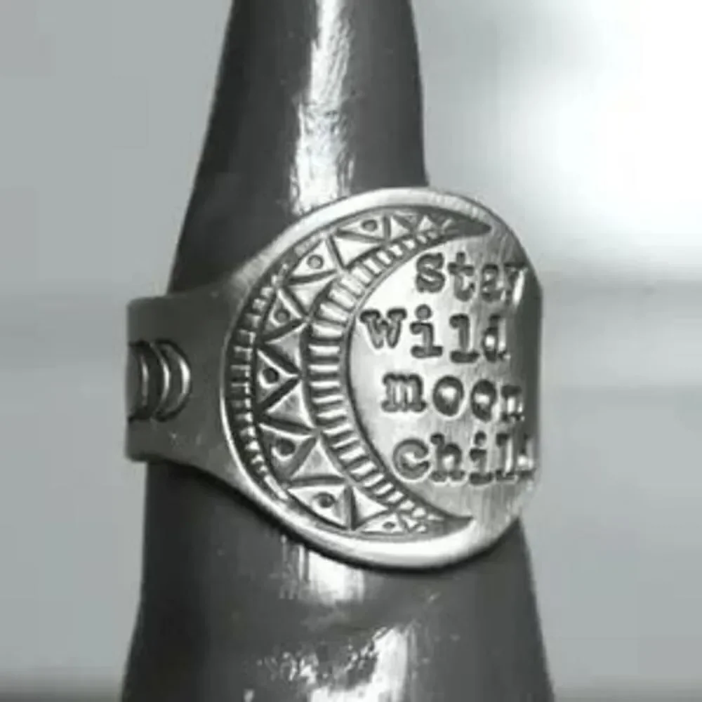 Stay Wild Moon Child Antique Silver Copper Unisex Ring Triple Moon Goddess